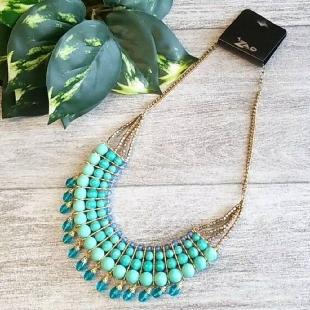 ZAD turquoise, blue & gold beaded bib necklace NEW